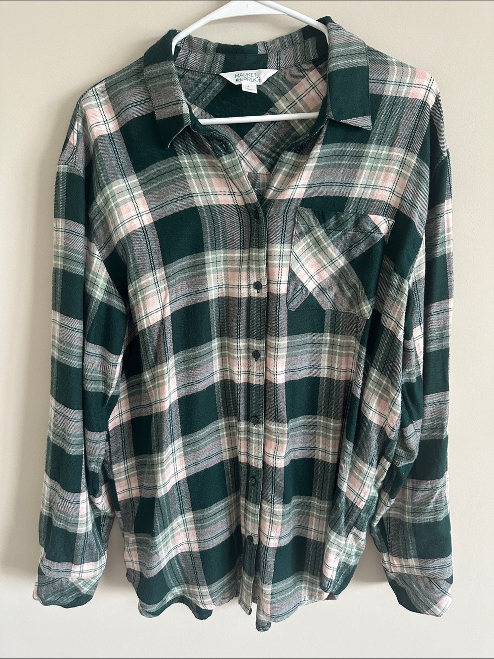 Market & Spruce Green and Pink Flannel Button-Down Shirt